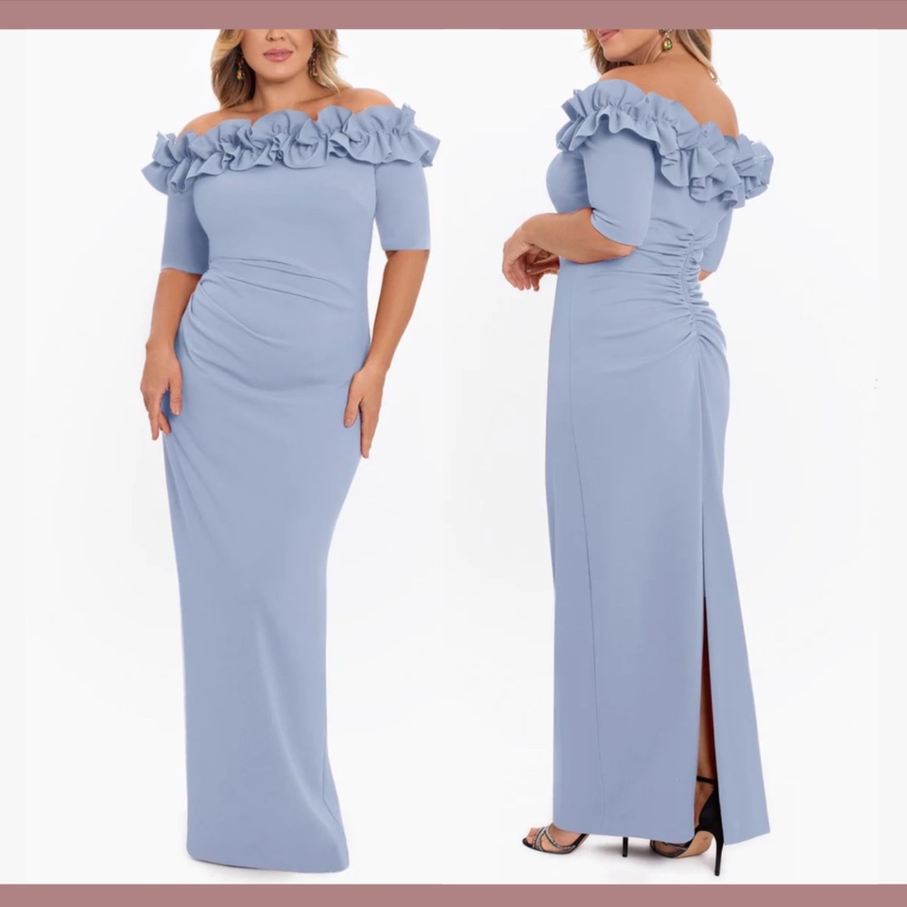 New $248 Xscape [ 18w ] Ruffled Off The Shoulder Sheath Gown In Sky Blue